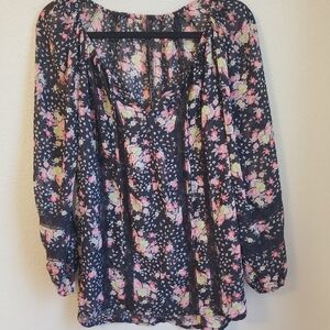 LC Lauren Conrad Black Semi Sheer Floral Print Blouse